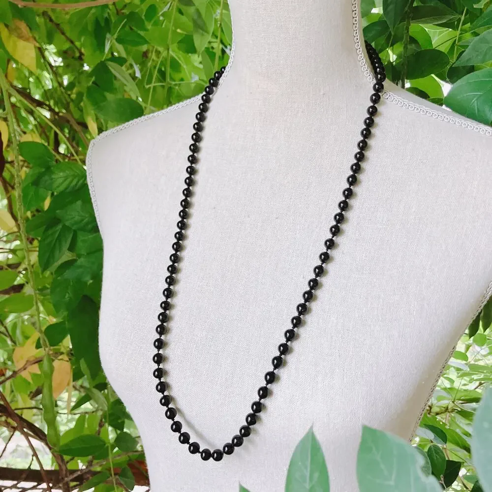 VTG Monet Signed Glossy Jet Black Glass Bead Necklace 70s Long Opera Strand